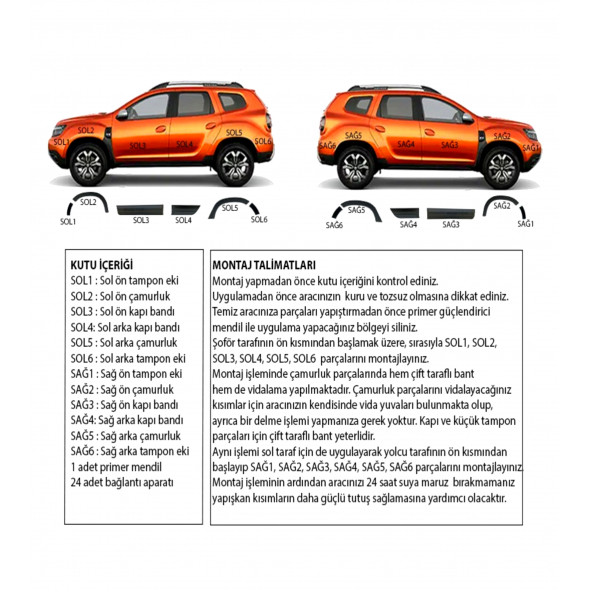 Dacia Duster Uyumlu Kapı ve Çamurluk Koruma Dodik Seti Premium Düz Enjeksiyon Baskı 2018 ve Üst - Resim 2