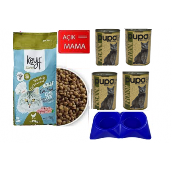 TAVUKLU KEDİ MAMASI KEYF AÇIK  5 KG + PUPA YAŞ MAMAS 400 GR X 4 ADET + MAMA KAPI