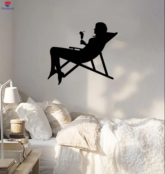 Barlar Restoranlar Çıkartma Plaj Siluet Kadın Kokteyl Relax Duvar Çıkartmaları Eşsiz Hediyelik