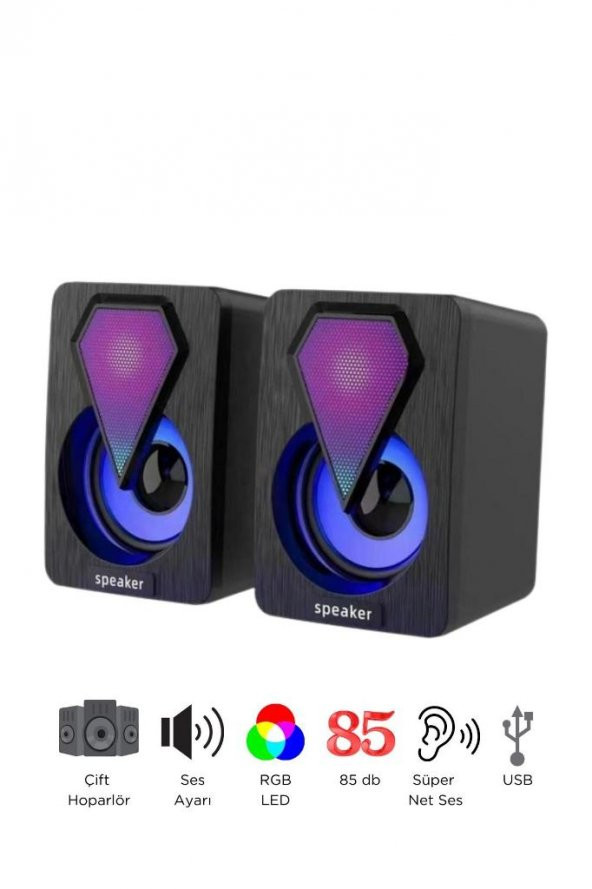 Bilgisayar Hoparlörü Rgb Led Işıklı Laptop Gaming Oyuncu Hoparlörü 1+1 Ses Sistemi Spreaker - 2