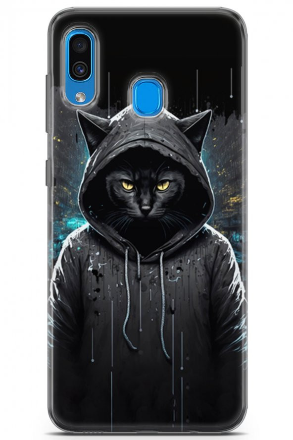 Samsung Galaxy A20 Uyumlu Kılıf Milano 11 Kapüşonlu Kedi 4K Baskılı Kılıf Siyah