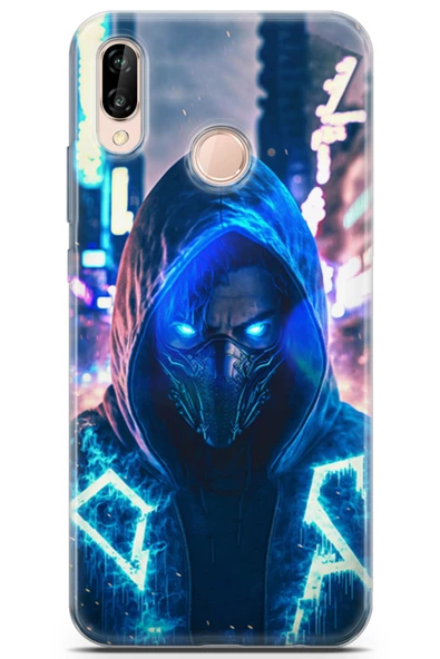 Huawei P20 Lite Uyumlu Kılıf Milano 02 Neon Maskeli Adam Kapak Siyah