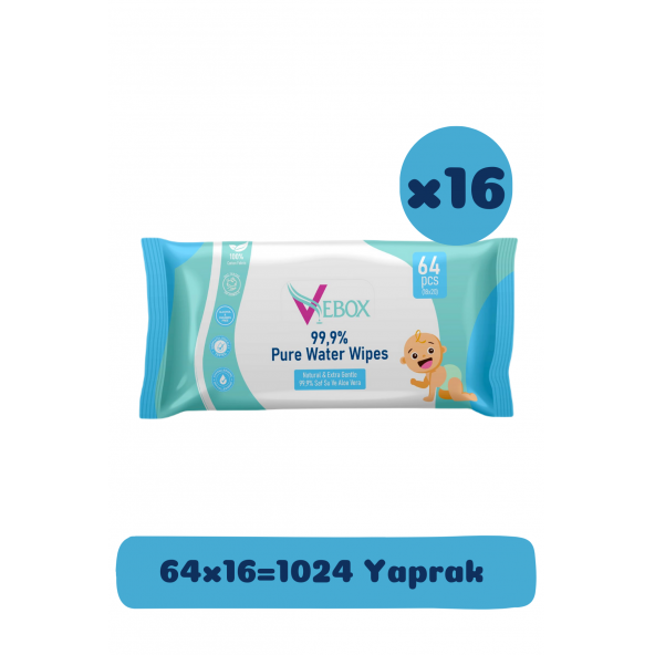 Vebox Pure Water Wipes Yenidoğan Islak Bebek Bakım Havlusu 64'lü x16 (1024 Yaprak)