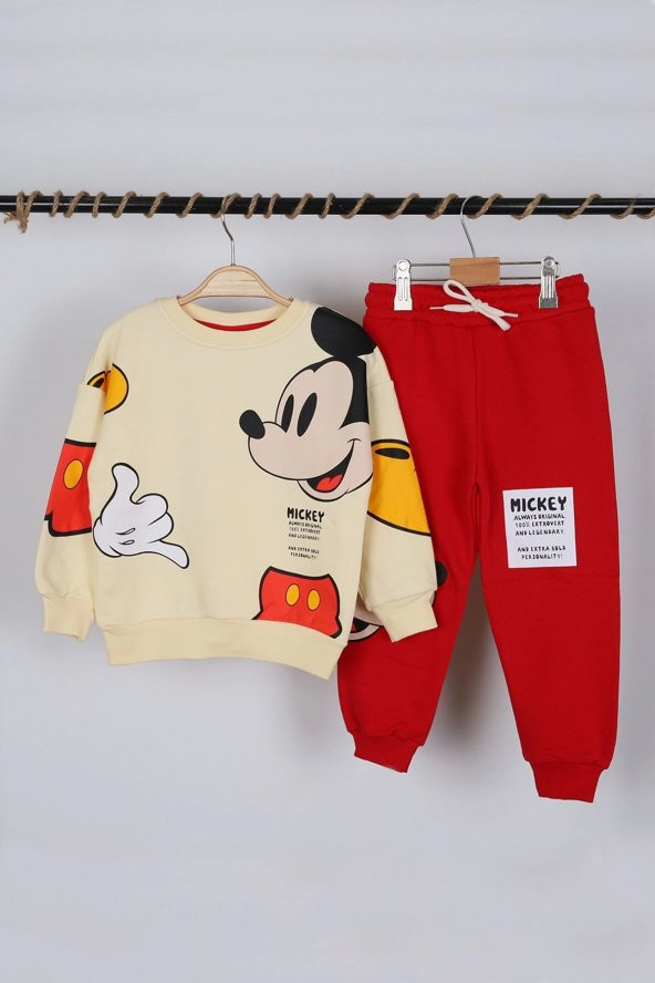 Unisex Çocuk Mickey Mouse Baskılı 3 İplik Şardonsuz Kışlık Sweat ve Eşofman Alt Üst Takım