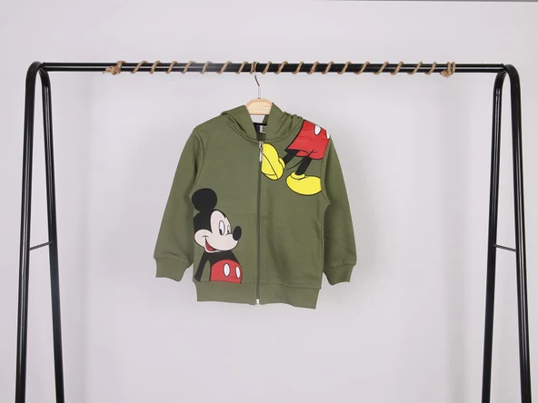 Unisex Çocuk Mickey Mouse Baskılı Haki Renk Mevsimlik Kapüşonlu Hırka - 2