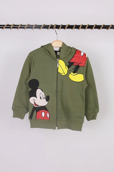 Unisex Çocuk Mickey Mouse Baskılı Haki Renk Mevsimlik Kapüşonlu Hırka