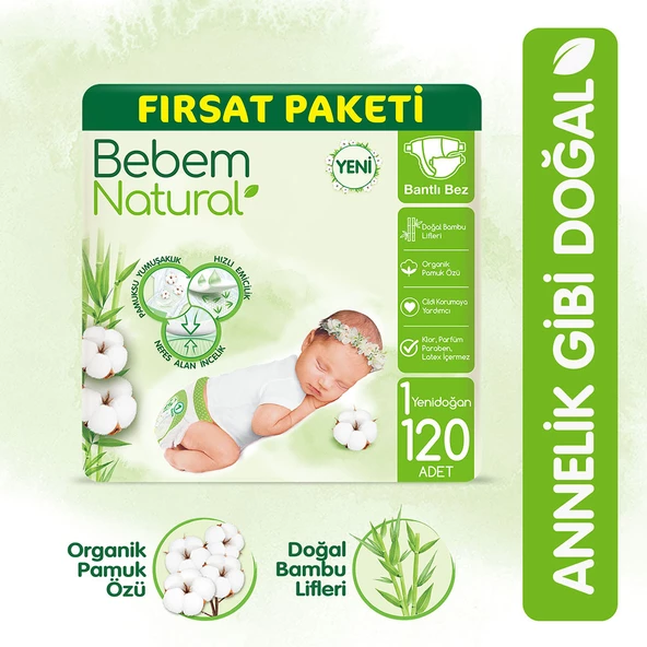 Bebem Natural Bebek Bezi 1 Beden Yenidoğan Fırsat Paketi 120 Adet