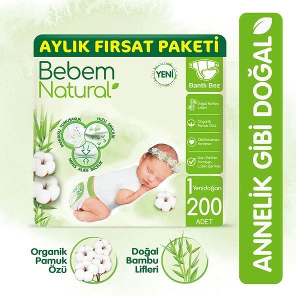 Bebem Natural Bebek Bezi 1 Beden Yenidoğan Aylık Fırsat Paketi 200 Adet