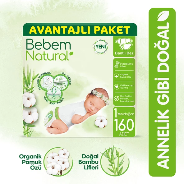 Bebem Natural Bebek Bezi 1 Beden Yenidoğan Avantajlı Paket 160 Adet