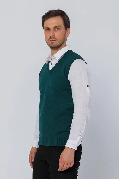 Erkek V Yaka Süveter Rahat Regular Fit Kolsuz Kazak - 9