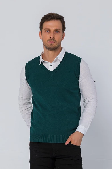 Erkek V Yaka Süveter Rahat Regular Fit Kolsuz Kazak - 7