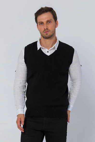 Erkek V Yaka Süveter Rahat Regular Fit Kolsuz Kazak - 2