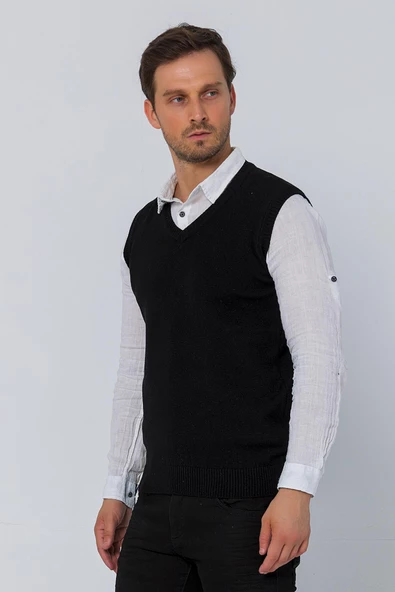 Erkek V Yaka Süveter Rahat Regular Fit Kolsuz Kazak - 3