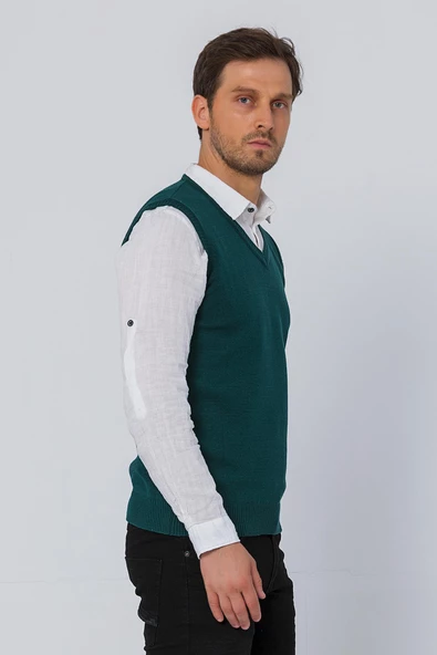 Erkek V Yaka Süveter Rahat Regular Fit Kolsuz Kazak - 11