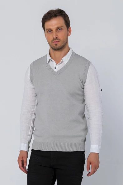 Erkek V Yaka Süveter Rahat Regular Fit Kolsuz Kazak - 12