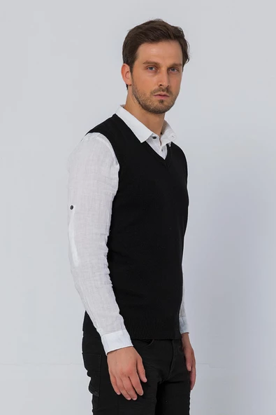 Erkek V Yaka Süveter Rahat Regular Fit Kolsuz Kazak - 5