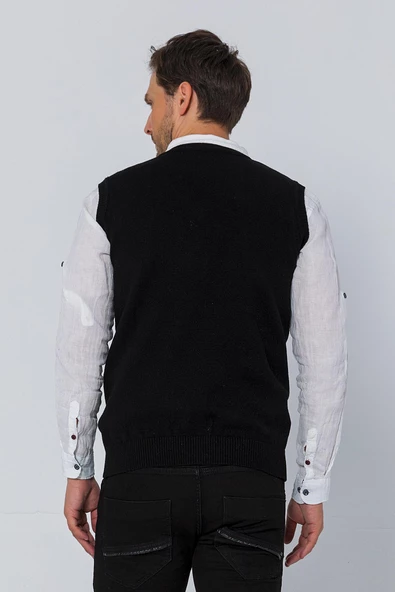 Erkek V Yaka Süveter Rahat Regular Fit Kolsuz Kazak - 4