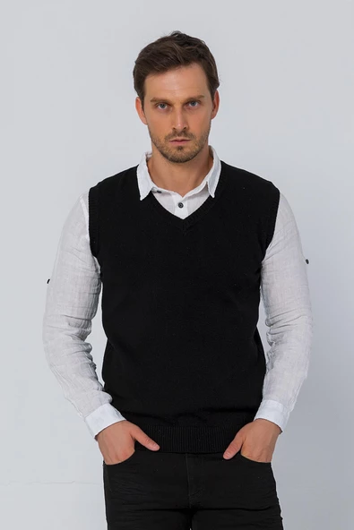 Erkek V Yaka Süveter Rahat Regular Fit Kolsuz Kazak - 6