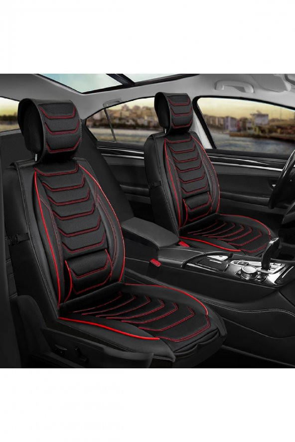 Audi A5 Serisi Uyumlu Yarı Deri Oto Koltuk Kılıfı Ön-Arka Set Anka Siyah-Kırmızı