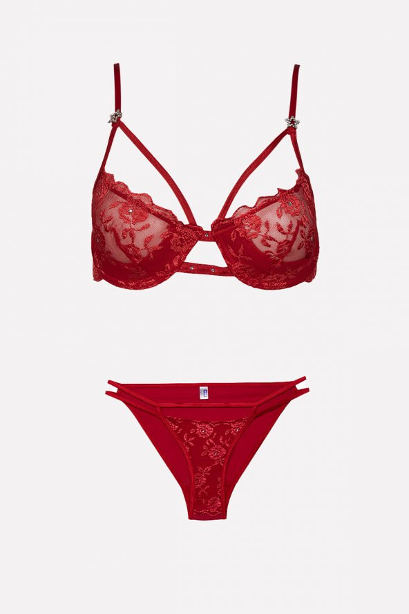 Kımrızı Taşlı Dantel Sütyen Külot  Takım