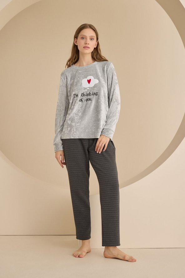 Gri Heart Kadife Pijama Takımı - 2