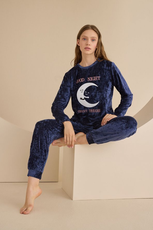 Lacivert Good Night Kadife Pijama Takımı - 3