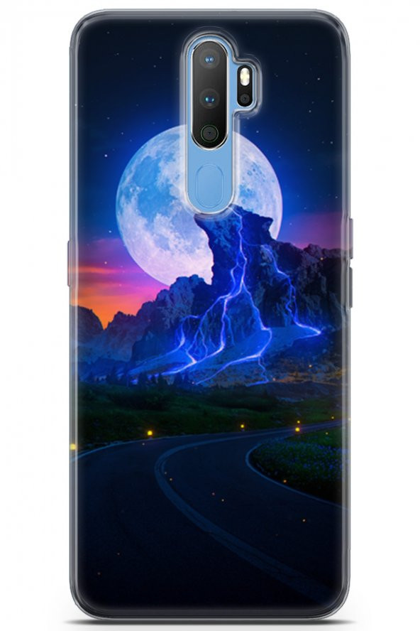 Oppo A9 2020 Uyumlu Kılıf Opus 07 Gece ve Kurt Desenli Kılıf Dark