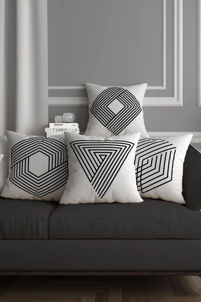 Beyaz Zemin Siyah Desenli Modern 4lü Dekoratif Kırlent Kılıfı Seti - 8