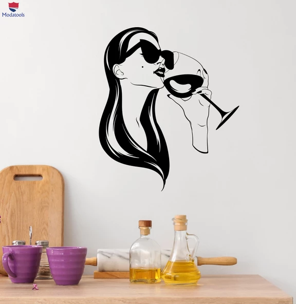 Camlı Kadın DekoratifDuvar Sticker Şarap Barları Mağaza Çıkartmaları ürün görseli