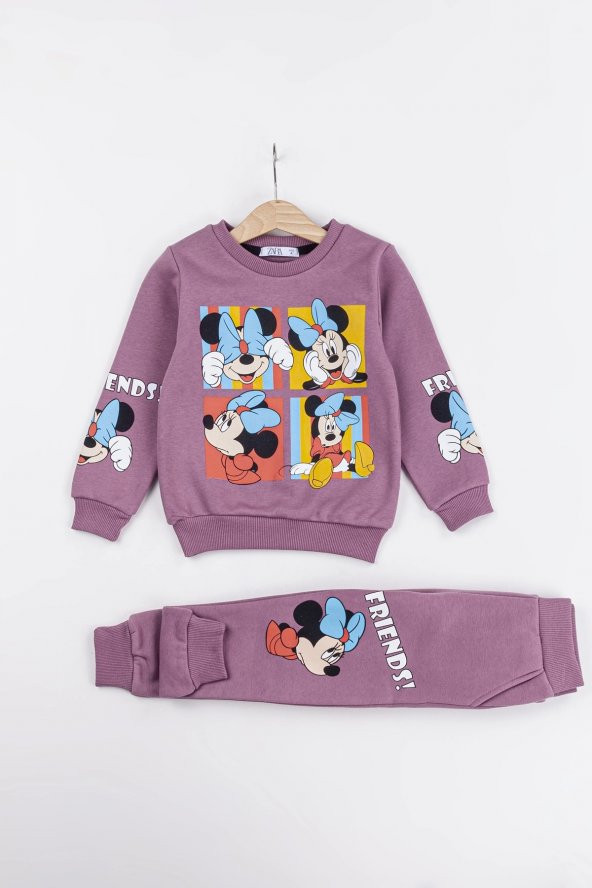 Kız Çocuk Minnie Mouse Baskılı 3 İplik Şardonlu Kışlık Sweat ve Eşofman Alt Üst Takım