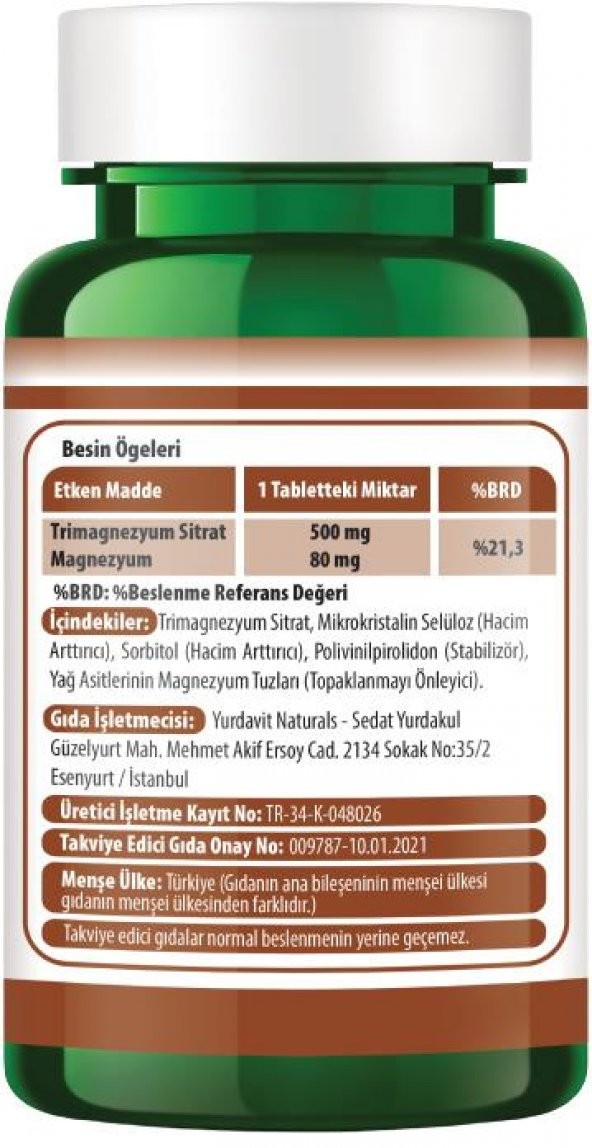 Yurdavit Magnesium Citrate 500 Mg Magnezyum Sitrat 120 Tablet - 2