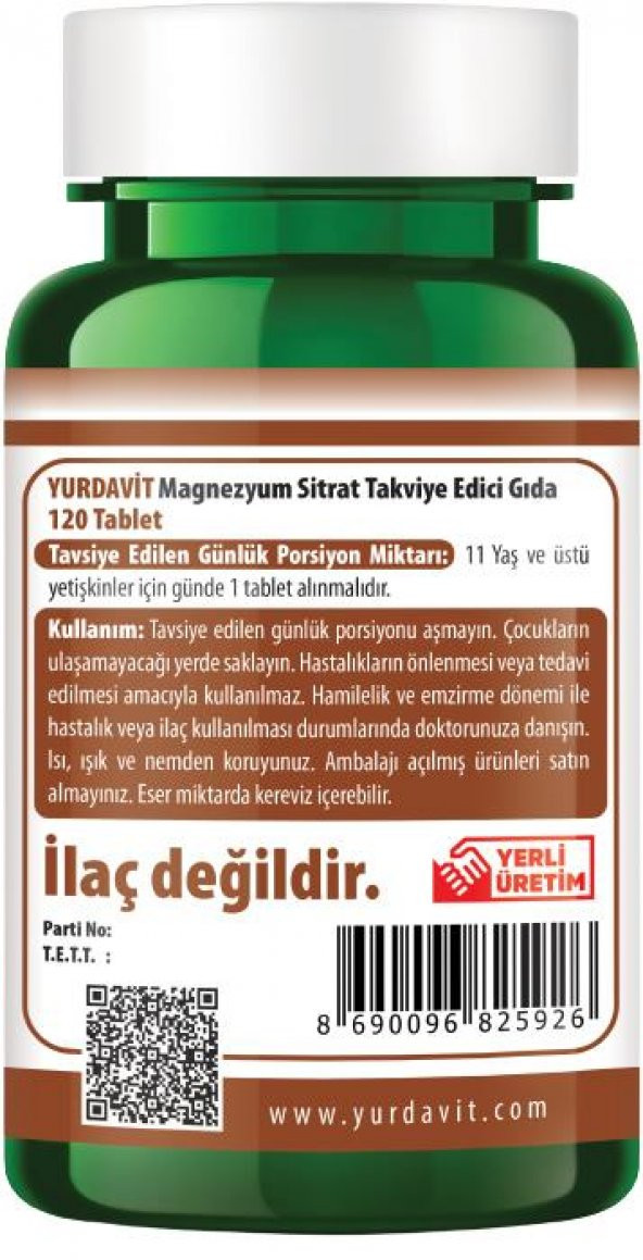 Yurdavit Magnesium Citrate 500 Mg Magnezyum Sitrat 120 Tablet - 3