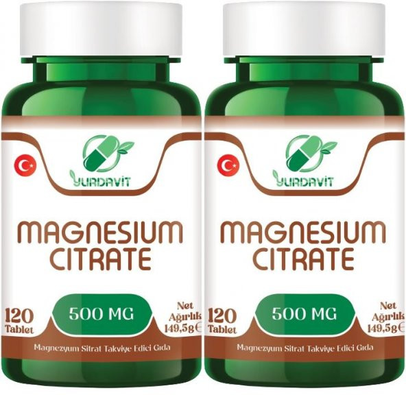 Yurdavit Magnesium Citrate 500 Mg Magnezyum Sitrat 2X120 Tablet