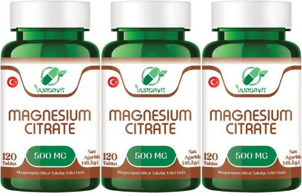 Yurdavit Magnesium Citrate 500 Mg Magnezyum Sitrat 3x120 Tablet