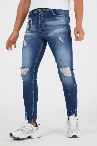 Murratto Erkek Slim Fit Likralı Diz Yırtık Mavi Kot Pantolon - 2