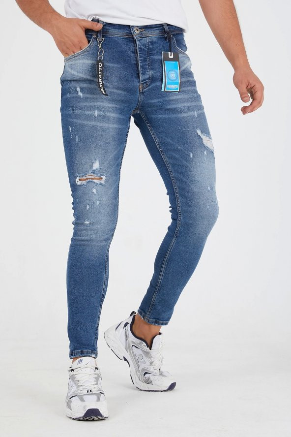 Murratto Erkek Slim Fit Likralı Yırtık Buz Mavi Kot Pantolon - 2