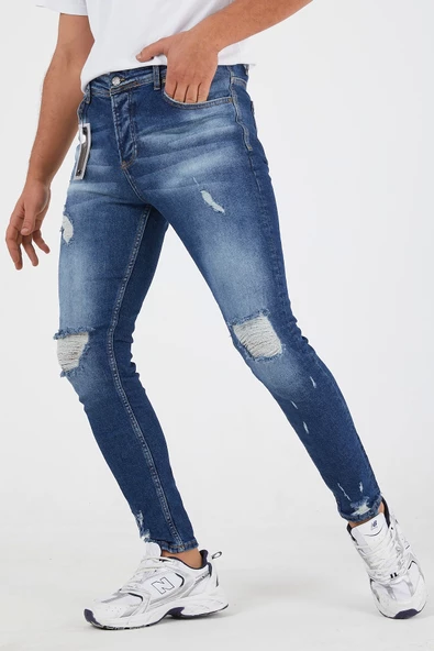 Murratto Erkek Slim Fit Likralı Diz Yırtık Mavi Kot Pantolon - 3