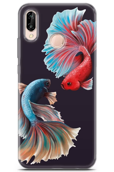 Huawei P20 Lite Kılıf Kingo 30 Neon Balıklar Kenarları Şeffaf Kapak