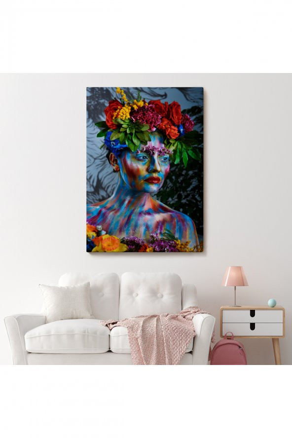 Renkli Çiçek Taçlı Kız Duvar Tablosu-5991