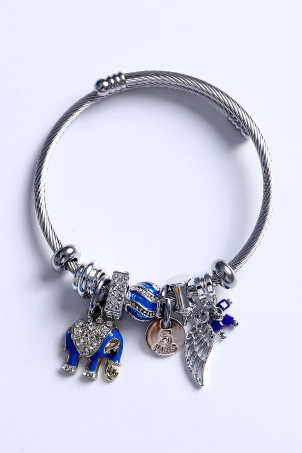 Kadın Charmlı Fil Figürlü Çelik Bileklik - Resim 3