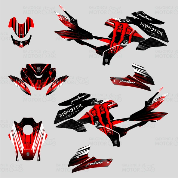 Bajaj Pulsar N 250 Monster Energy Desing Sticker Set Siyah Kırmızı Beyaz - 2