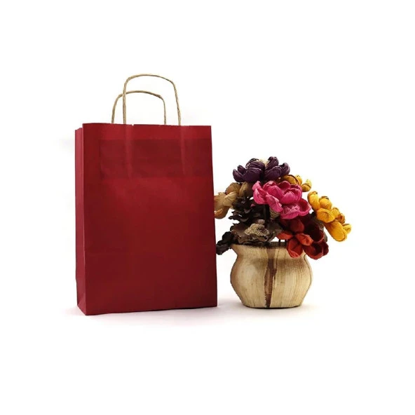 Büküm Saplı Kraft Kağıt Çanta Karton Hediyelik Poşet Torba - Bordo - 31x41 Cm. - 25 Adetlik Paket - Resim 5