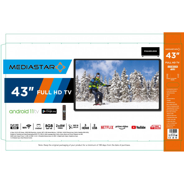 Mediastar 43" Android Uydu Alıcılı Led Tv