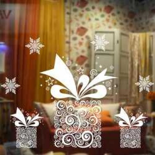 Yılbaşı Noel Sticker Beyaz Hediye Paketi Süslü 70x50 cm