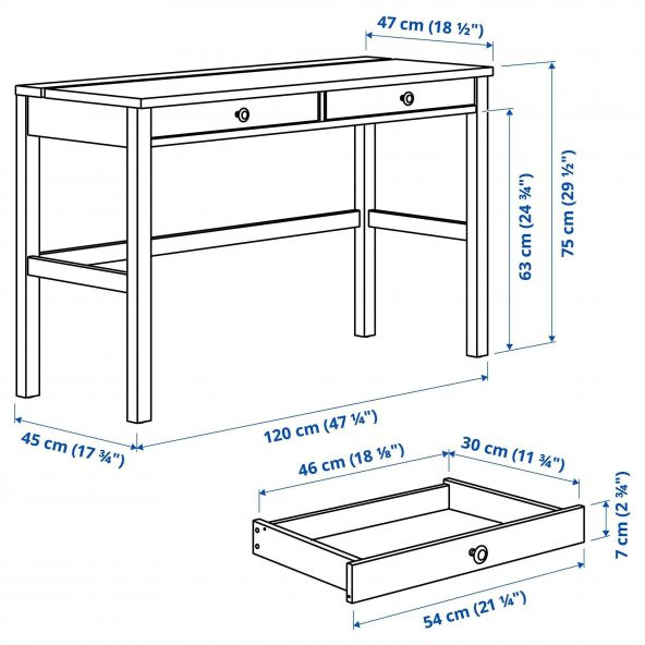 Çalışma Masası, Venge-Açık Kahverengi HEMNES 120x47 2 Çekmeceli Masif Ahşap Meridyendukkan - 4