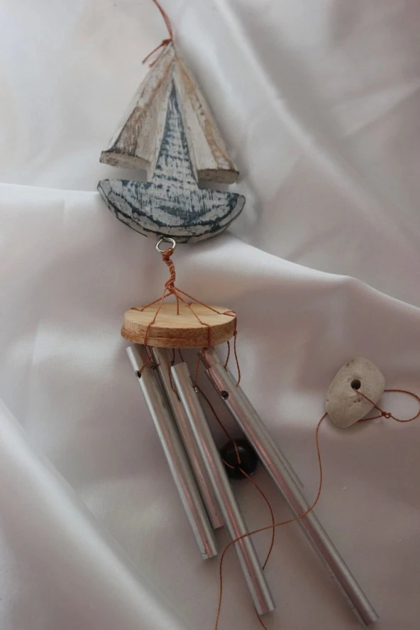 Deprem Çanı Zili Rüzgar Çanı Zili Gemi Mavi Beyaz Feng Shui 5 Metal Boru - Resim 4