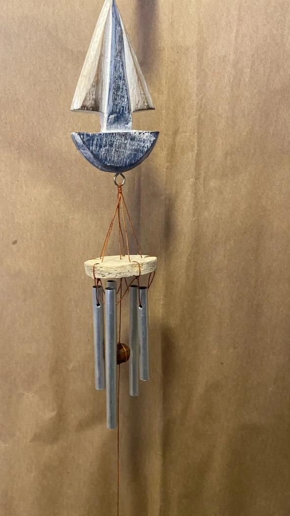 Deprem Çanı Zili Rüzgar Çanı Zili Gemi Mavi Beyaz Feng Shui 5 Metal Boru - Resim 7