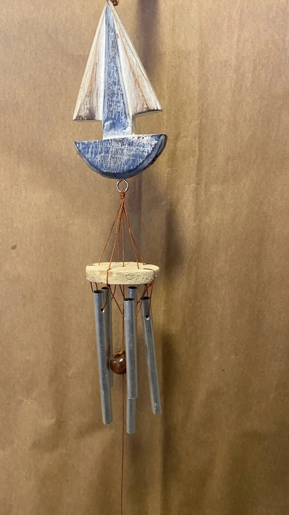 Deprem Çanı Zili Rüzgar Çanı Zili Gemi Mavi Beyaz Feng Shui 5 Metal Boru - Resim 8