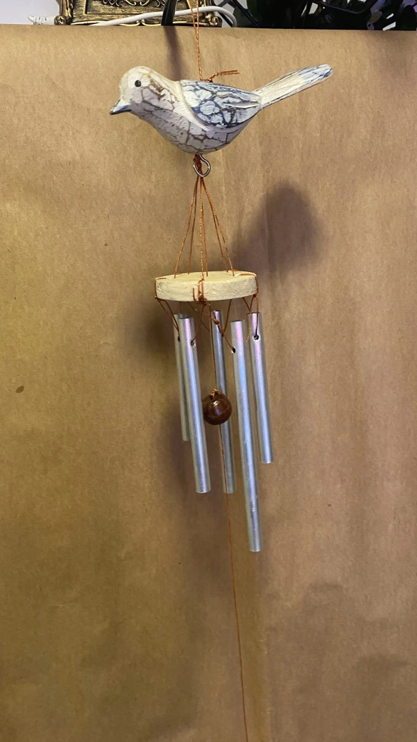 Deprem Çanı Zili Rüzgar Çanı Zili Kuş Mavi Beyaz Feng Shui 5 Metal Boru - Resim 6