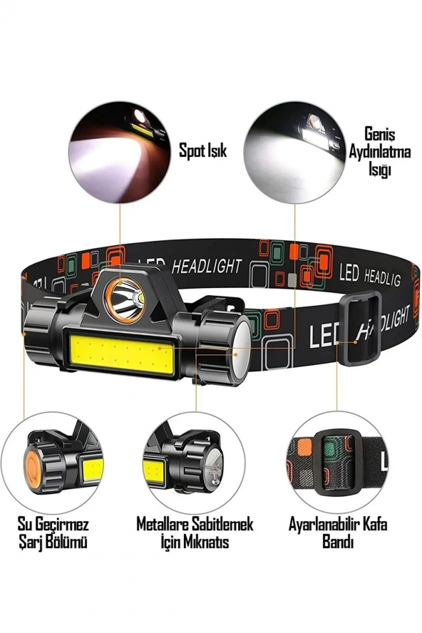 Şarjlı Kafa Lambası, 3 Fonksiyonlu Led Işıklı Kafa Lambası ve Çan - 5